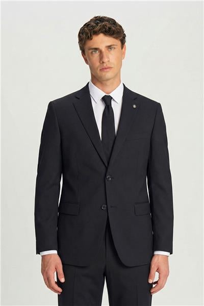 Erkek Siyah Comfort Fit Armürlü Mono Yaka Kemerli Takım Elbise
