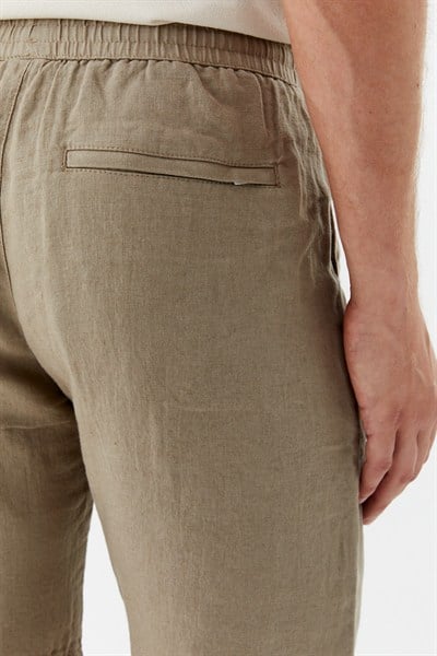 Taş %100 Keten Regular Fit Beli Lastikli Bermuda Şort