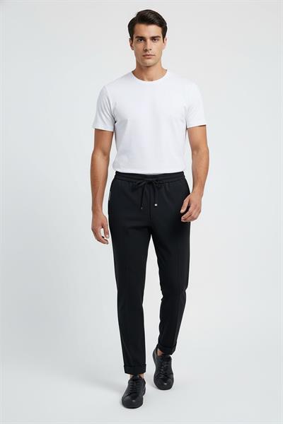 Giotelli Erkek Siyah Dar Kesim Slim Fit %100 Yün Balıksırtı Desenli Jogger Pantolon
