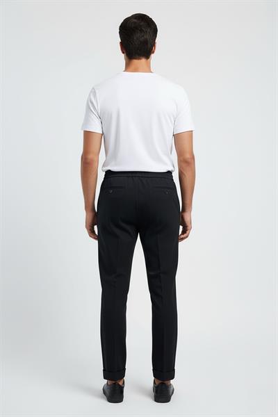 Giotelli Erkek Siyah Dar Kesim Slim Fit %100 Yün Balıksırtı Desenli Jogger Pantolon