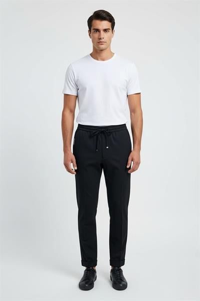 Giotelli Erkek Siyah Dar Kesim Slim Fit %100 Yün Balıksırtı Desenli Jogger Pantolon