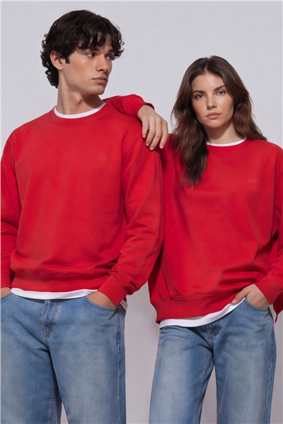 Unisex Kırmızı Normal Kesim Regular Fit %100 Pamuk Bisiklet Yaka Sweatshirt