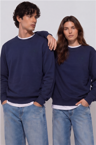 Unisex Lacivert Normal Kesim Regular Fit %100 Pamuk Bisiklet Yaka Sweatshirt