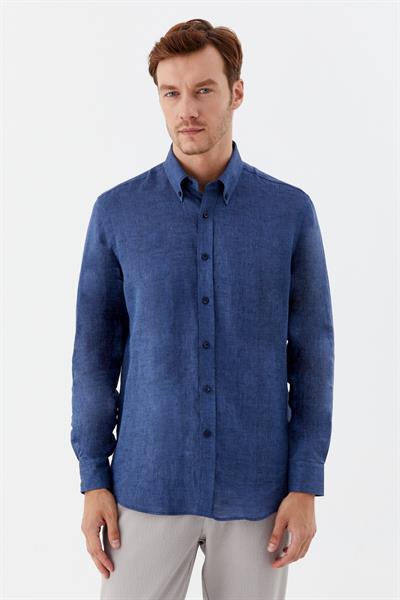 Erkek İndigo Uzun Kollu %100 Keten Regular Fit Düğmeli Yaka Gömlek