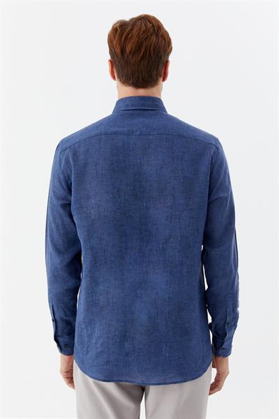 Erkek İndigo Uzun Kollu %100 Keten Regular Fit Düğmeli Yaka Gömlek