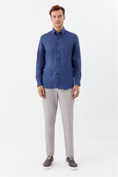 Erkek İndigo Uzun Kollu %100 Keten Regular Fit Düğmeli Yaka Gömlek