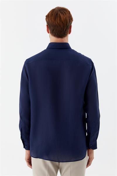 Erkek Lacivert Uzun Kollu %100 Keten Regular Fit Düğmeli Yaka Gömlek