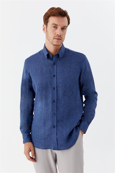 Erkek İndigo Uzun Kollu %100 Keten Regular Fit Düğmeli Yaka Gömlek