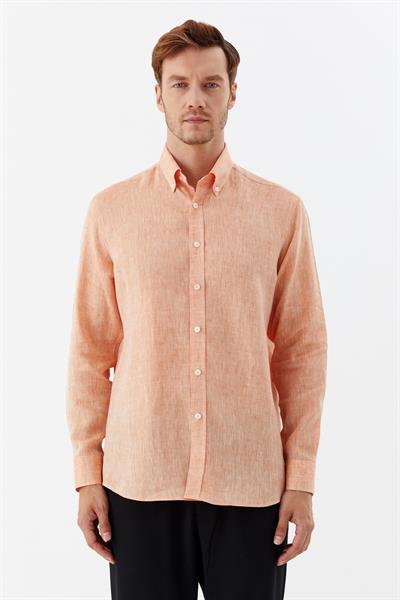 Erkek Turuncu Uzun Kollu %100 Keten Regular Fit Düğmeli Yaka Gömlek