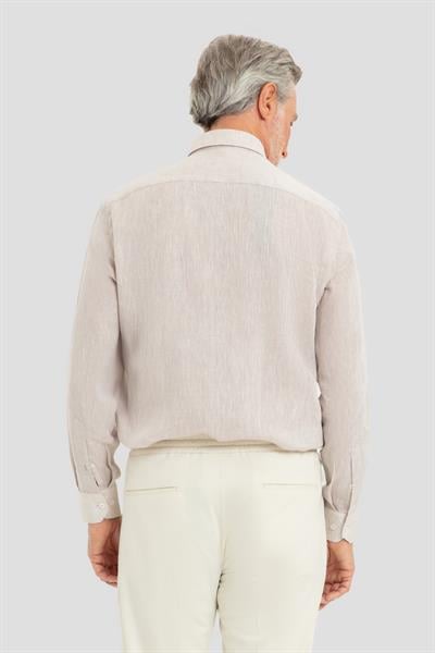 Erkek Bej Uzun Kollu %100 Keten Regular Fit Düğmeli Yaka Gömlek