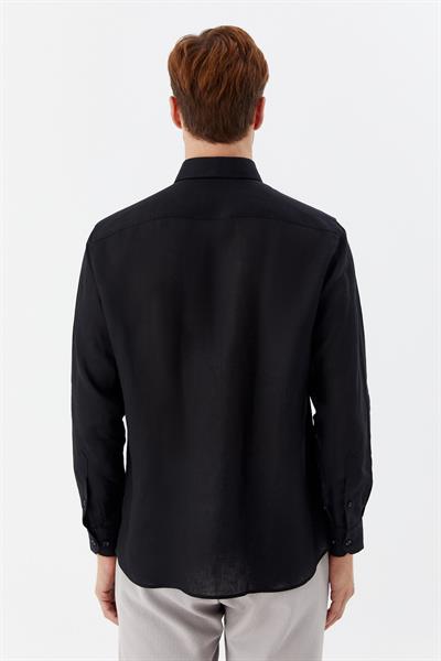 Erkek Siyah Uzun Kollu %100 Keten Regular Fit Düğmeli Yaka Gömlek