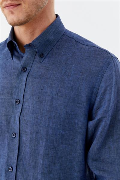 Erkek İndigo Uzun Kollu %100 Keten Regular Fit Düğmeli Yaka Gömlek