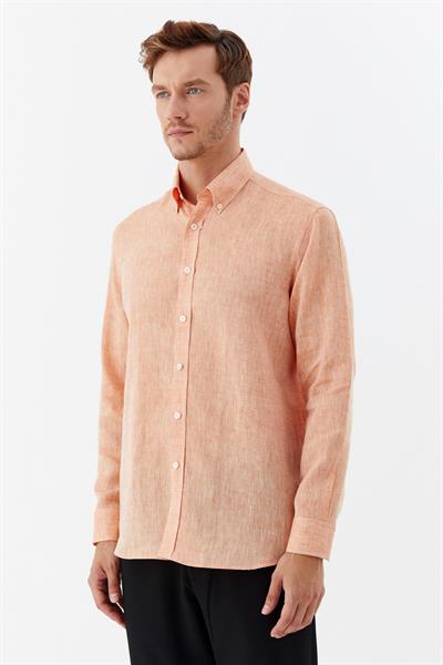Erkek Turuncu Uzun Kollu %100 Keten Regular Fit Düğmeli Yaka Gömlek
