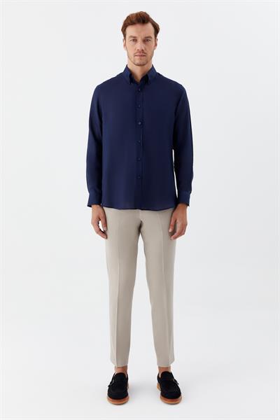 Erkek Lacivert Uzun Kollu %100 Keten Regular Fit Düğmeli Yaka Gömlek