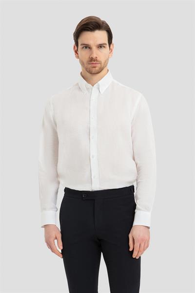 Erkek Beyaz Uzun Kollu %100 Keten Regular Fit Düğmeli Yaka Gömlek