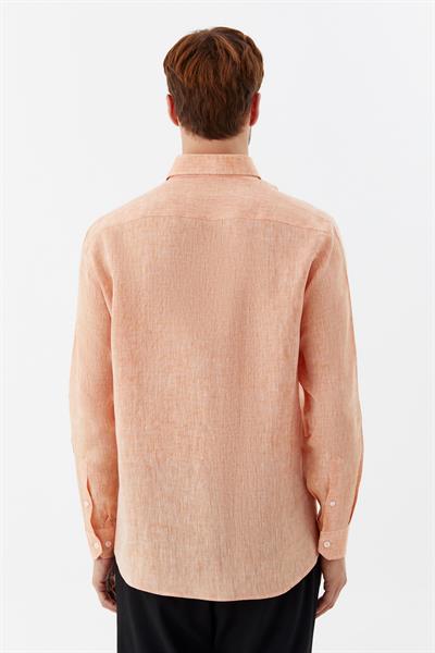 Erkek Turuncu Uzun Kollu %100 Keten Regular Fit Düğmeli Yaka Gömlek