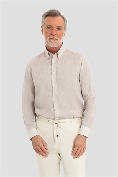 Erkek Bej Uzun Kollu %100 Keten Regular Fit Düğmeli Yaka Gömlek