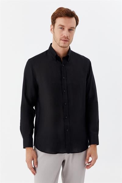 Erkek Siyah Uzun Kollu %100 Keten Regular Fit Düğmeli Yaka Gömlek