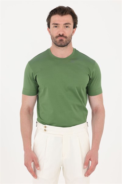 Yağ Yeşili %100 Pamuk Regular Fit Bisiklet Yaka Basic T-shirt