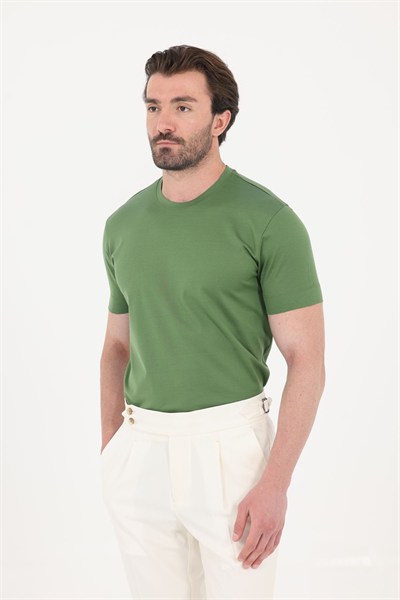 Yağ Yeşili %100 Pamuk Regular Fit Bisiklet Yaka Basic T-shirt