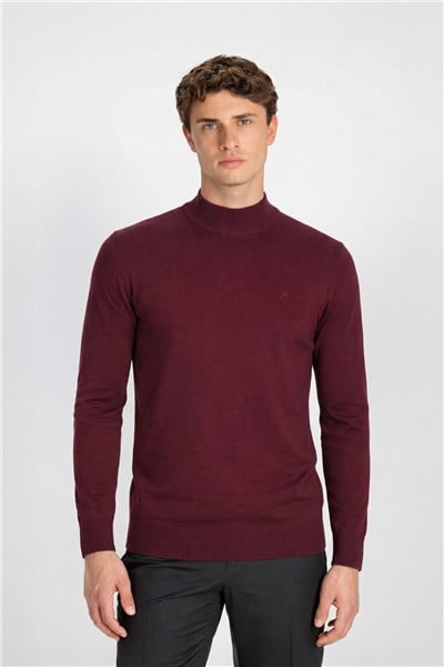 Erkek Bordo Normal Kesim Regular Fit Yünlü Melanj Yarım Balıkçı Yaka Triko Kazak