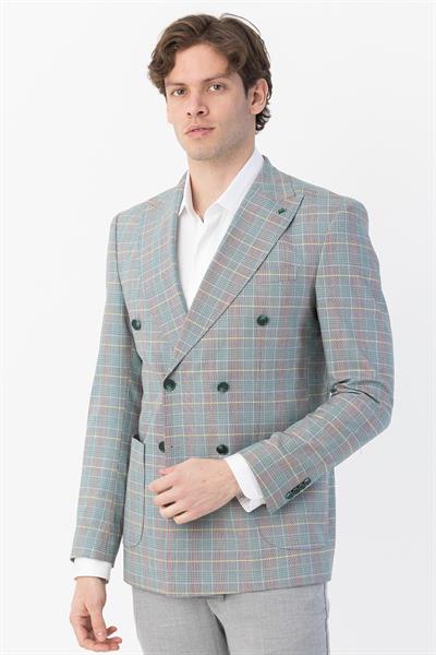 Giotelli Yeşil Regular Fit Sivri Yaka Kruvaze Ekose Casual Ceket