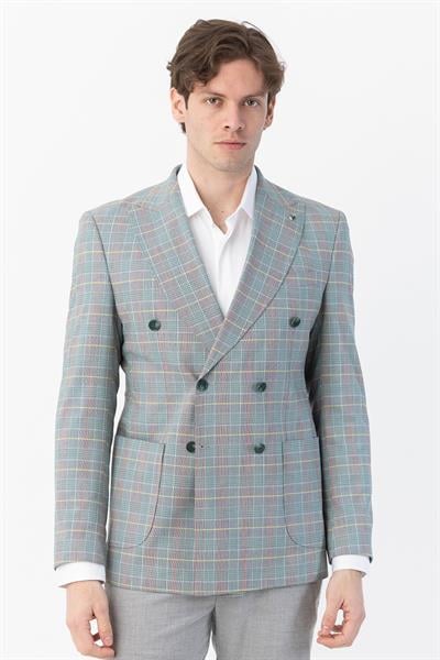Giotelli Yeşil Regular Fit Sivri Yaka Kruvaze Ekose Casual Ceket