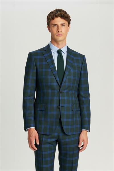 Giotelli Erkek Yeşil Dar Kesim Slim Fit Ekose Desenli Mono Yaka Fleto Kapaklı Cep Çift Yırtmaçlı 6 Drop Yelekli Takım Elbise
