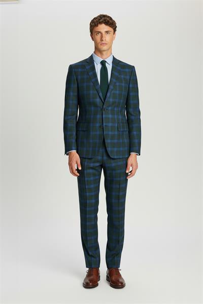 Giotelli Erkek Yeşil Dar Kesim Slim Fit Ekose Desenli Mono Yaka Fleto Kapaklı Cep Çift Yırtmaçlı 6 Drop Yelekli Takım Elbise