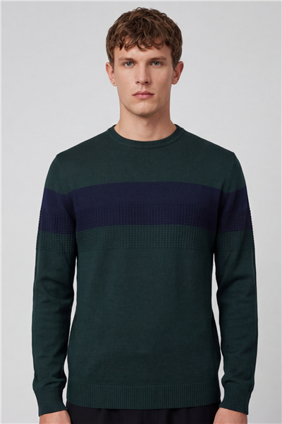 Erkek Yeşil Normal Kesim Regular Fit Yünlü Dokuma Çizgi Detay Bisiklet Yaka Triko Kazak