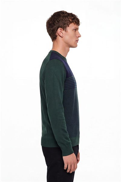 Erkek Yeşil Normal Kesim Regular Fit Yünlü Desenli Bisiklet Yaka Triko Kazak