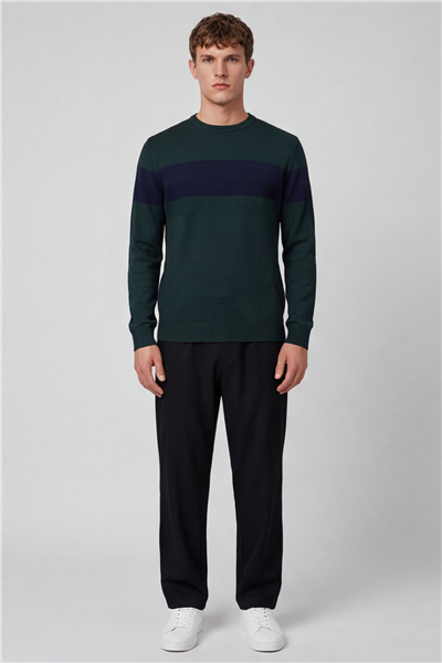 Erkek Yeşil Normal Kesim Regular Fit Yünlü Dokuma Çizgi Detay Bisiklet Yaka Triko Kazak