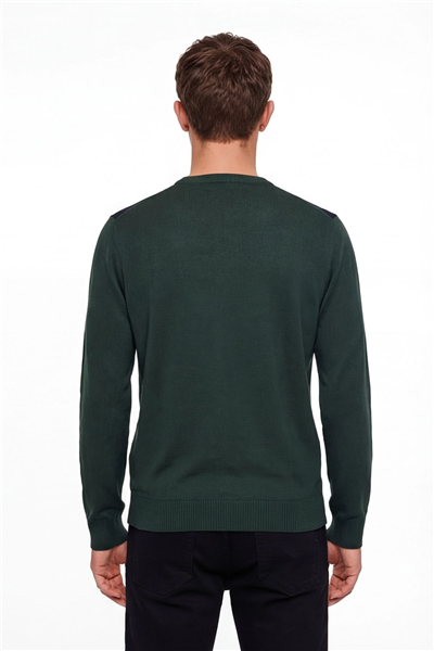 Erkek Yeşil Normal Kesim Regular Fit Yünlü Desenli Bisiklet Yaka Triko Kazak