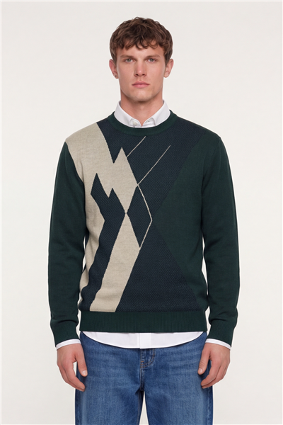 Erkek Yeşil Normal Kesim Regular Fit Yünlü Dokuma Desenli Triko Kazak