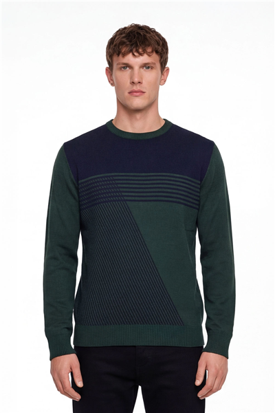 Erkek Yeşil Normal Kesim Regular Fit Yünlü Desenli Bisiklet Yaka Triko Kazak