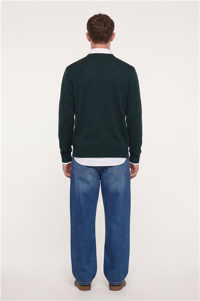 Erkek Yeşil Normal Kesim Regular Fit Yünlü Dokuma Desenli Triko Kazak