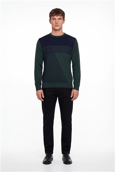 Erkek Yeşil Normal Kesim Regular Fit Yünlü Desenli Bisiklet Yaka Triko Kazak