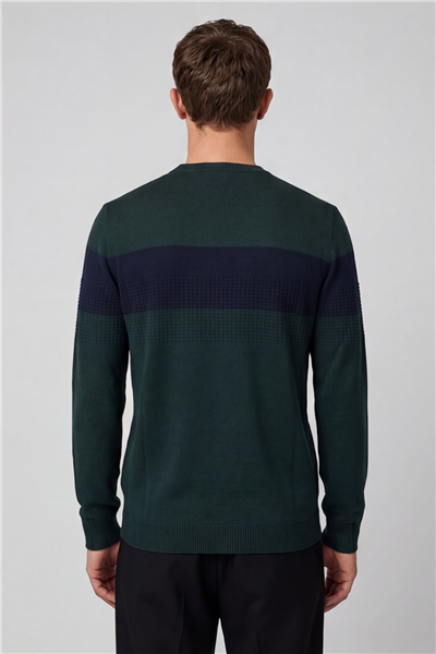 Erkek Yeşil Normal Kesim Regular Fit Yünlü Dokuma Çizgi Detay Bisiklet Yaka Triko Kazak