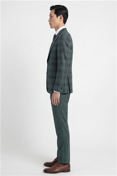 Giotelli Erkek Yeşil Dar Kesim Slim Fit Viskon Ekose Sivri Yaka Fleto Kapaklı Cep Çift Yırtmaçlı Klasik Paça Tam Astarlı 6 Drop Yelekli Takım Elbise
