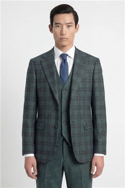 Giotelli Erkek Yeşil Dar Kesim Slim Fit Viskon Ekose Sivri Yaka Fleto Kapaklı Cep Çift Yırtmaçlı Klasik Paça Tam Astarlı 6 Drop Yelekli Takım Elbise