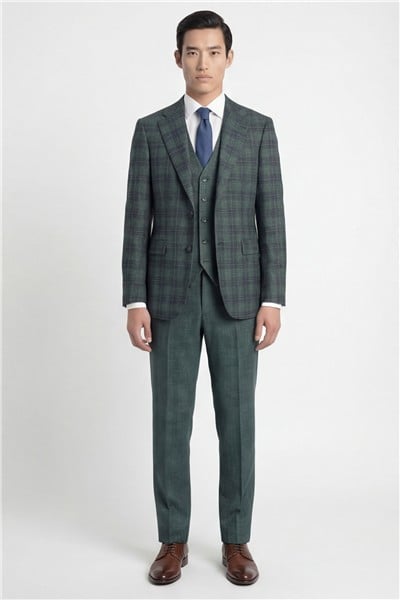 Giotelli Erkek Yeşil Dar Kesim Slim Fit Viskon Ekose Sivri Yaka Fleto Kapaklı Cep Çift Yırtmaçlı Klasik Paça Tam Astarlı 6 Drop Yelekli Takım Elbise