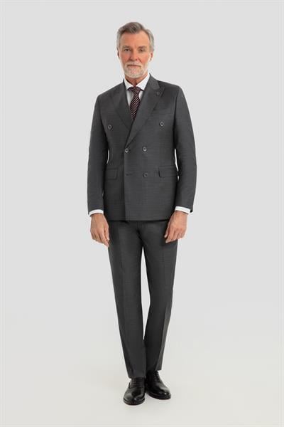 Erkek Antrasit Slim Fit Kruvaze Sivri Yaka 6 Drop Yün Karışımlı Takım Elbise