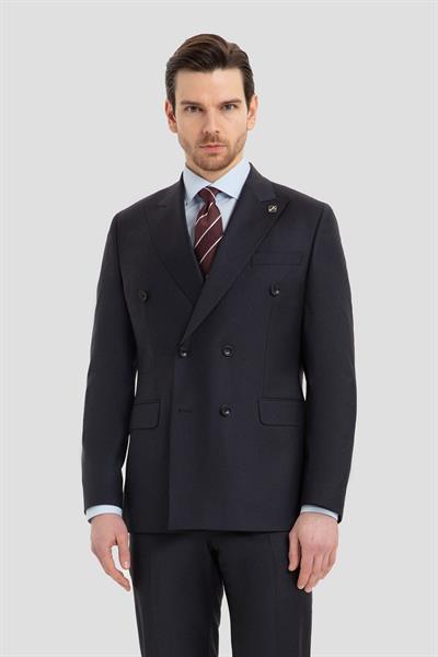 Erkek Lacivert Slim Fit Kruvaze Sivri Yaka 6 Drop Yün Karışımlı Takım Elbise