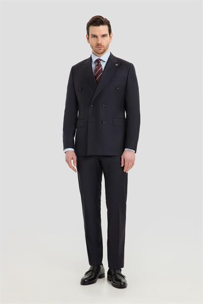 Erkek Lacivert Slim Fit Kruvaze Sivri Yaka 6 Drop Yün Karışımlı Takım Elbise