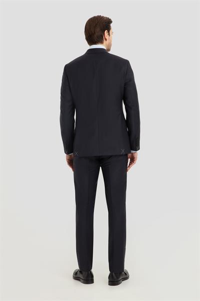 Erkek Lacivert Slim Fit Kruvaze Sivri Yaka 6 Drop Yün Karışımlı Takım Elbise
