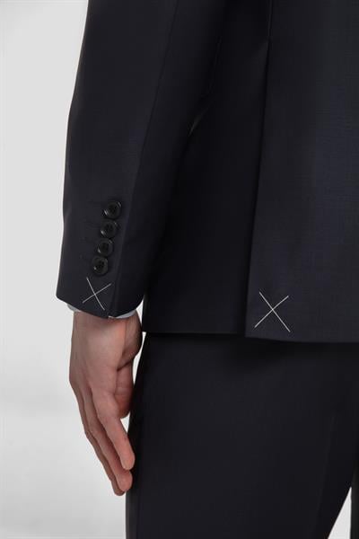 Erkek Lacivert Slim Fit Kruvaze Sivri Yaka 6 Drop Yün Karışımlı Takım Elbise