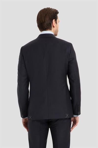 Erkek Lacivert Slim Fit Kruvaze Sivri Yaka 6 Drop Yün Karışımlı Takım Elbise