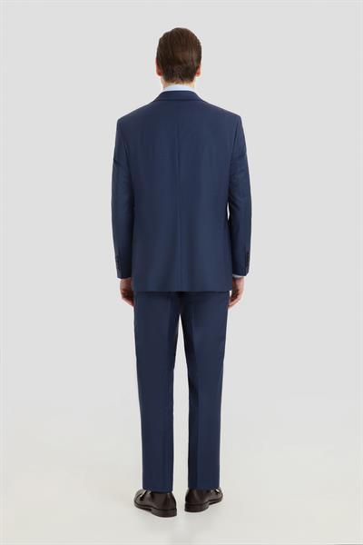 Erkek Açık Lacivert Slim Fit Mono Yaka Çizgili 4 Drop Yün Karışımlı Takım Elbise