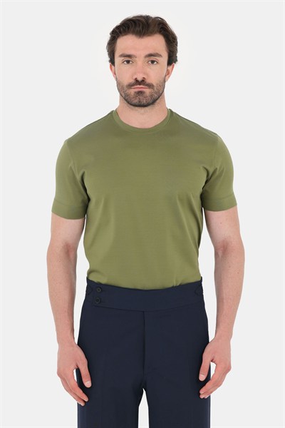 Zeytin Yeşili %100 Pamuk Regular Fit Bisiklet Yaka Basic T-shirt