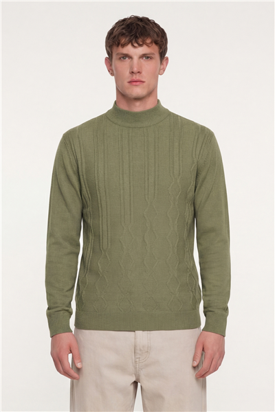 Erkek Zeytin Yeşili Dar Kesim Slim Fit Yünlü Yarım Balıkçı Yaka Triko Kazak